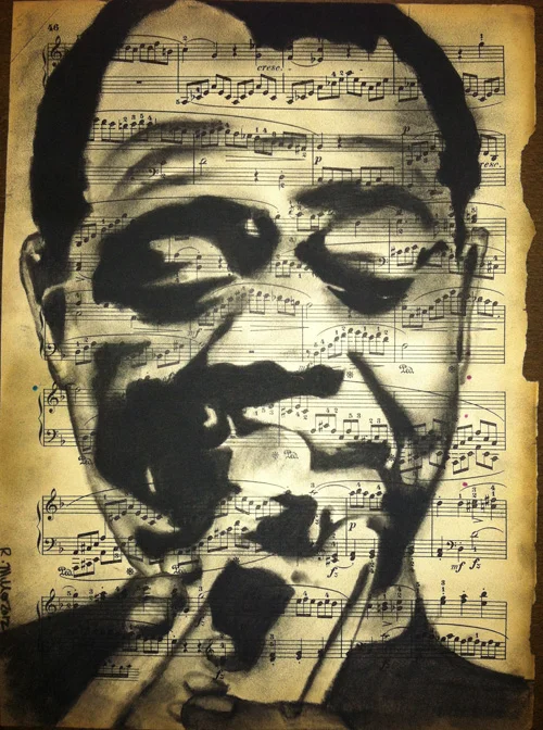 Louis Armstrong, 2012 Charcoal on antique sheet music, 9" x 12"