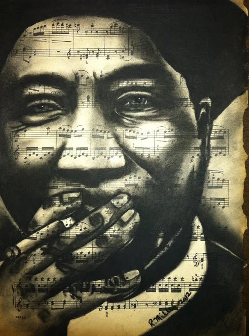 Muddy Waters, 2012 Charcoal on antique sheet music, 9" x 12"