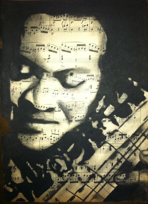 Ravi Shankar, 2012Charcoal on antique sheet music, 9" x 12"