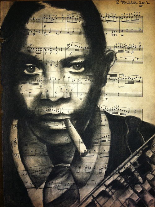 Robert Johnson, 2013 Charcoal on antique sheet music, 9" x 12"
