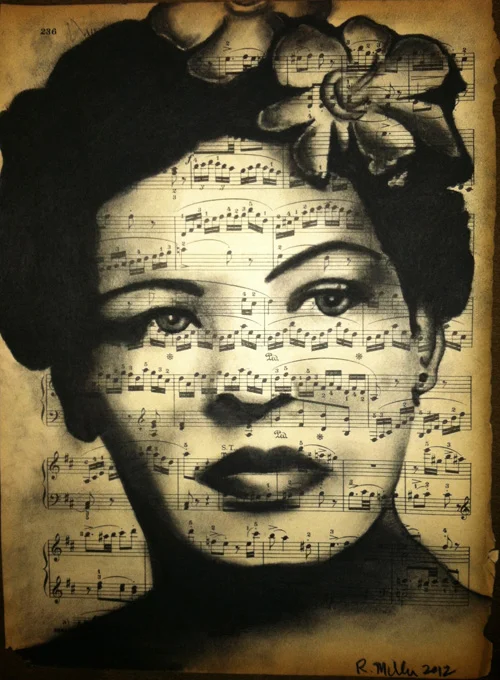 Young Billie Holiday Charcoal on antique sheet music, 9" x 12"
