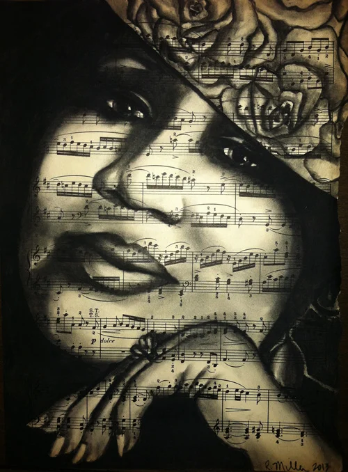 Aretha FranklinCharcoal on antique sheet music, 9" x 12"
