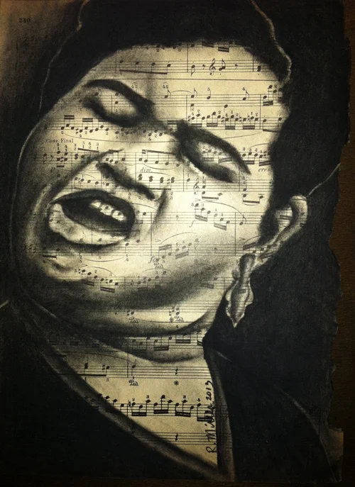 Big Momma ThorntonCharcoal on antique sheet music, 9" x 12"