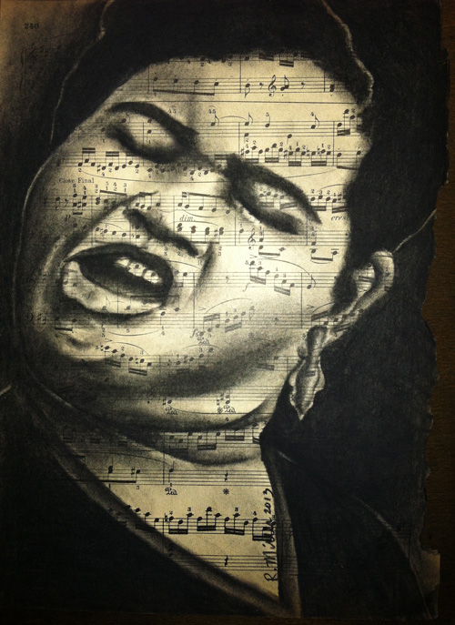 Big Momma Thornton Charcoal on antique sheet music, 9" x 12"