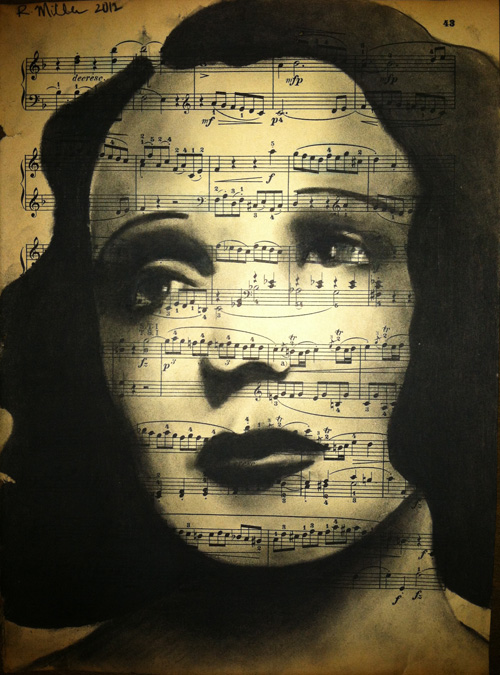 Edith Piaf Charcoal on antique sheet music, 9" x 12"