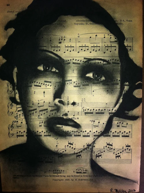 Josephine Baker Charcoal on antique sheet music, 9" x 12"