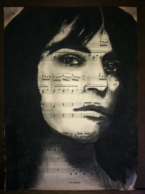 Patti Smith Charcoal on antique sheet music, 9" x 12"