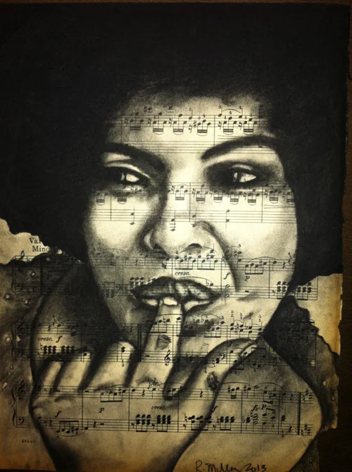 Roberta Flack Charcoal on antique sheet music, 9" x 12"