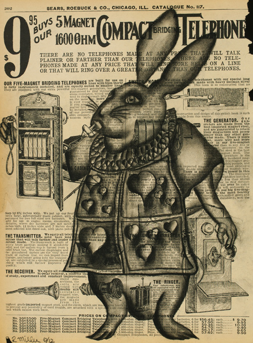 Hare Telephone Charcoal on antique catalog page, 8 1/2" x 11"