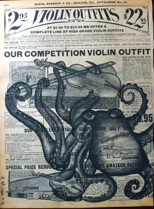 Octopus Orchestra Charcoal on antique catalog page, 8 1/2" x 11"