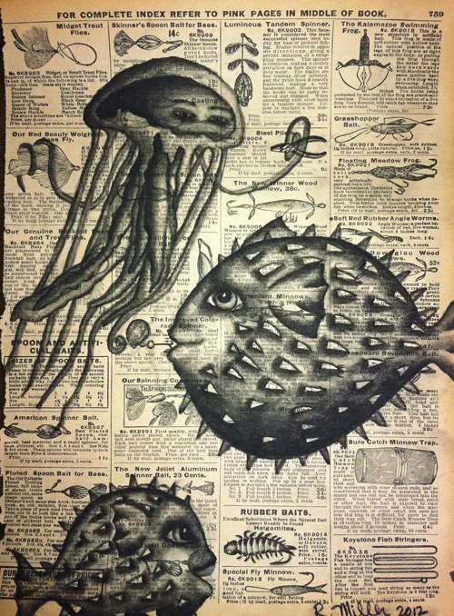 The Rescue Charcoal on antique catalog page, 8 1/2" x 11"