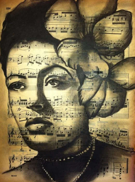 Billie Holiday Charcoal on antique sheet music, 9"x 12"
