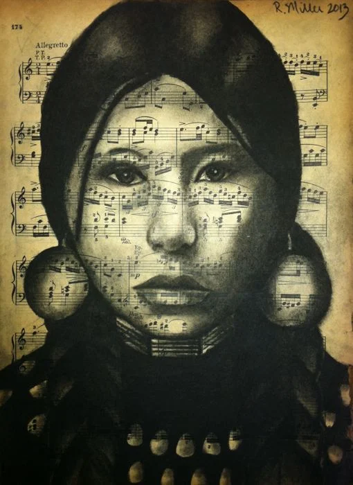 Native American Indian Girl (inspired by antique photo), 2013 Charcoal on antique sheet music, 9" x 12"