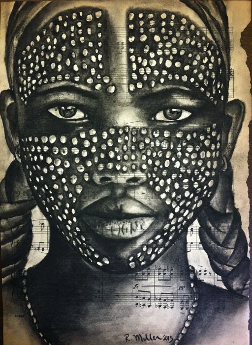 Arbore Girl of Ethiopia, 2013 Charcoal on Antique Sheet Music, 9"x 12"