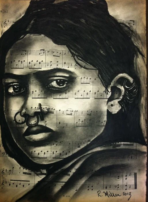 Dongria Kondha Girl of Eastern India, 2013 Charcoal/Ink on antique sheet music