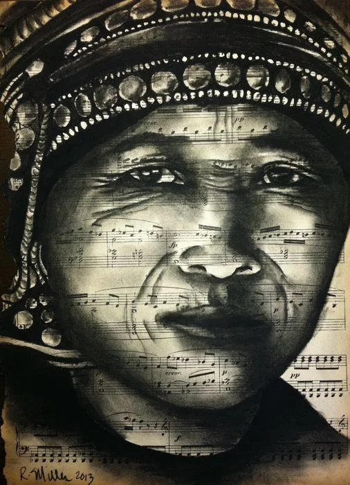 Akha Woman of Northern Laos, 2013 Charcoal/Ink on antique sheet music