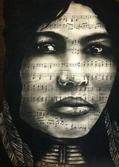 Native American Woman, 2013 Charcoal/ink on antique sheet music