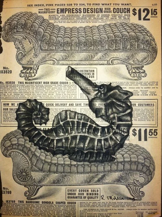 Lounger, 2013 Charcoal on antique catalog page, 8 1/2" x 11"