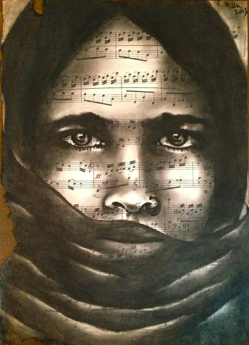Veiled Girl, 2013 Charcoal on antique music