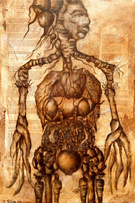 "Curative System" 2014 Mixed Media on canvas This is the human organ/circulatory system made completely from Organic Alkaline fruits, veggies, roots, herbs, & spices that nature provides. Beets and ginger and Turmeric root of the head and roots leading into the body thru all organs. Apple heart, Kale Lungs, Millet intestine, pomegranate bladder, grapefruit uterus, lemon kidneys, parsley ovaries, pea pod ureters, eggplant liver, leek arms, artichoke & carrot hips & legs etc...... Nature Cures. The paper base layer is my written story which textures each piece in this series.
