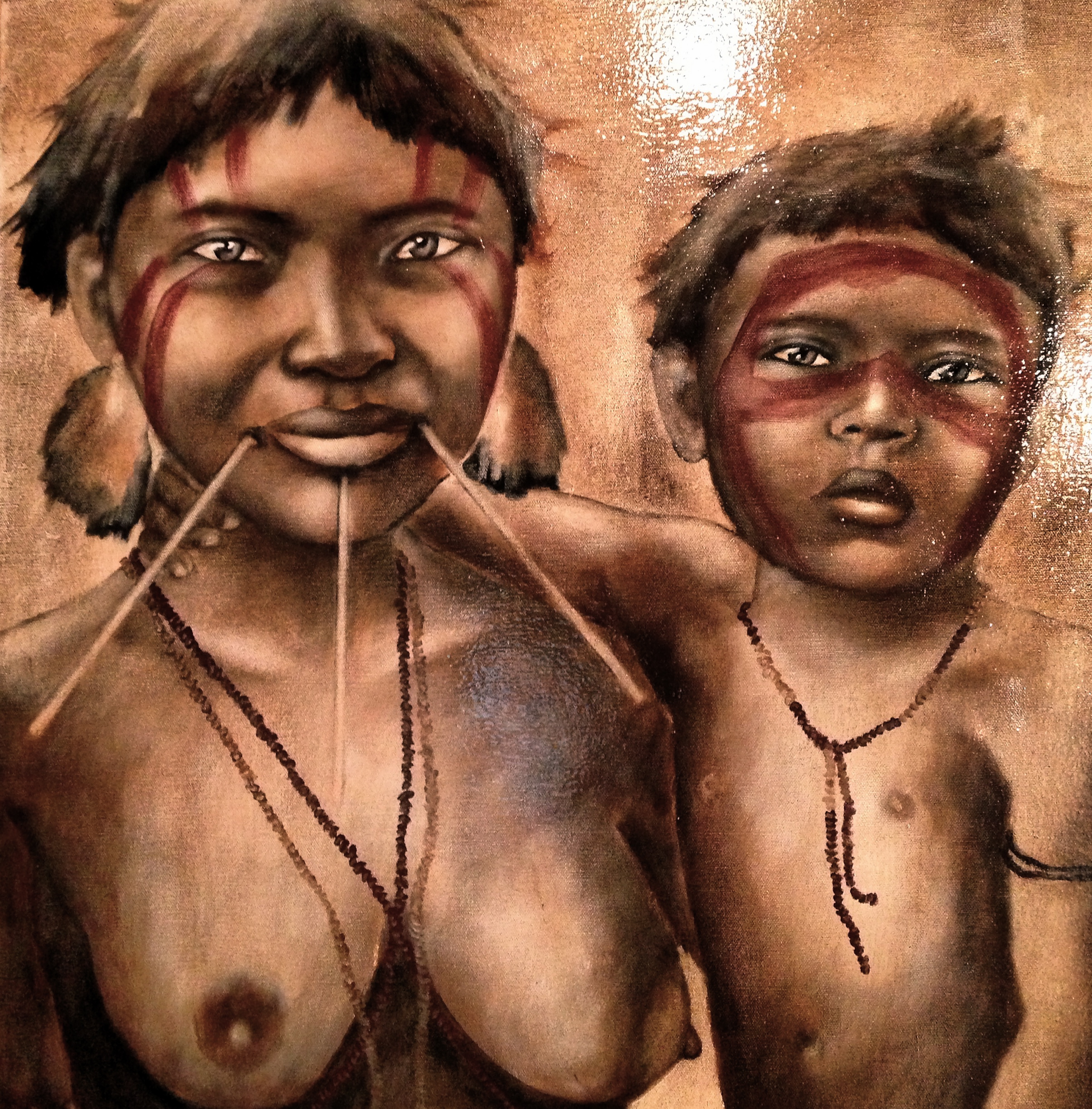 Yanomami Woman & Child of The Amazon Rainforest, 2014 Acrylic & oil on canvas