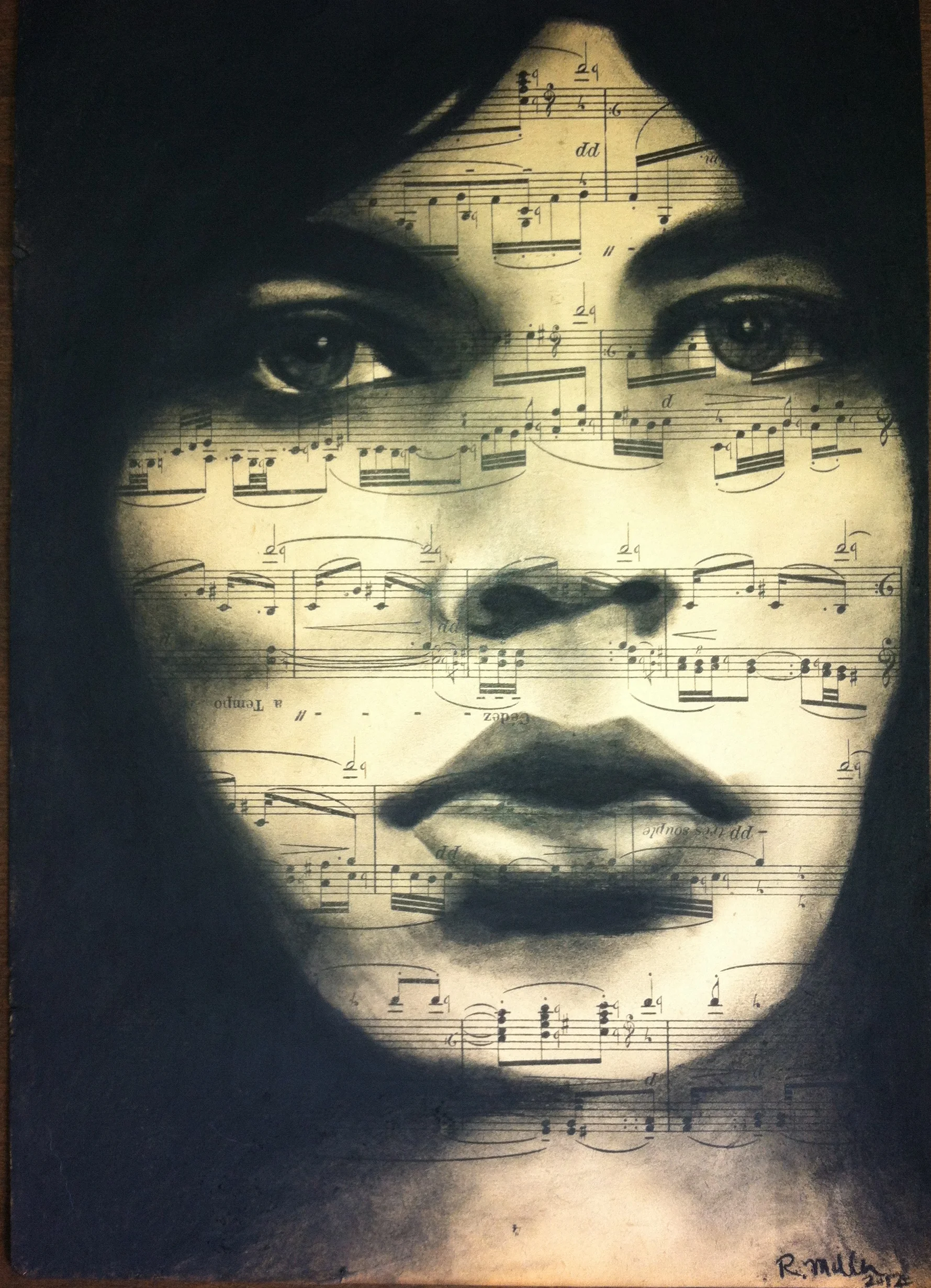 Mick Jagger, 2012 Charcoal on antique sheet music, 9" x 12"