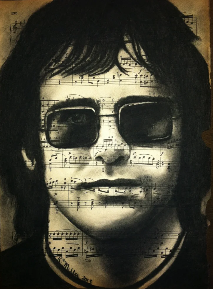 Sir Elton John, 2013Charcoal on antique sheet music