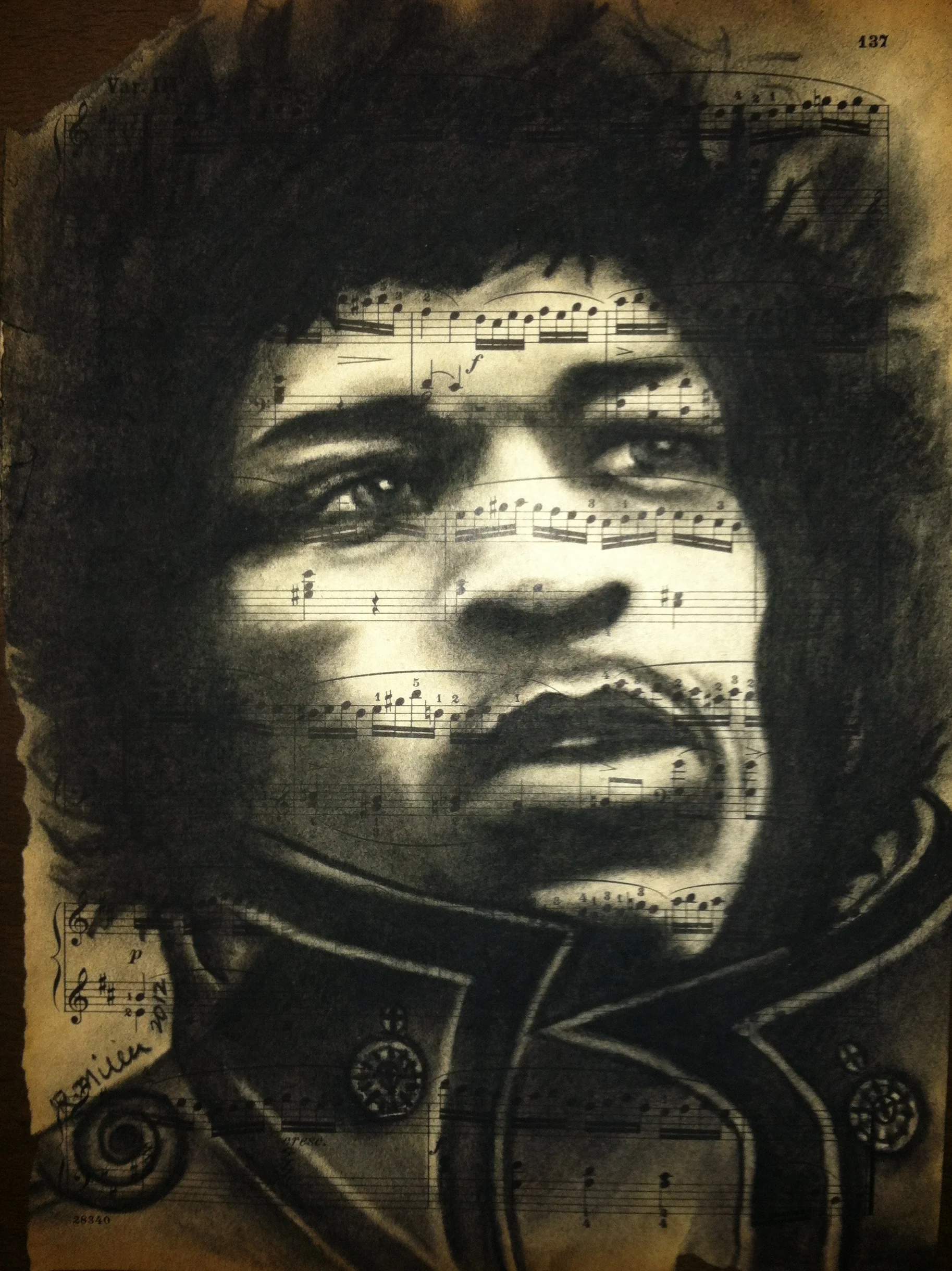 Jimi Hendrix, 2012Charcoal on antique sheet music