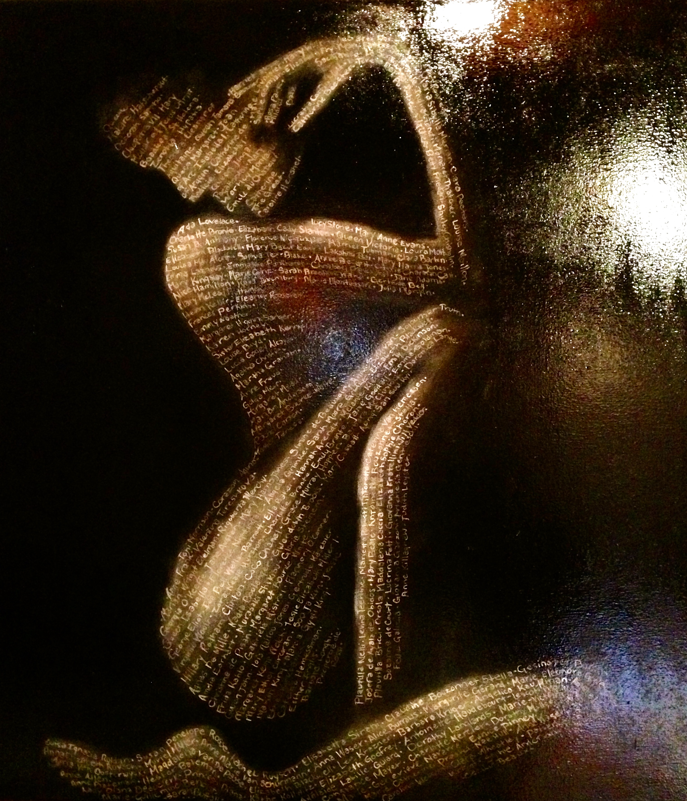 Embodiment, 2015 ~ I chose the name "Embodiment" which refers to the embodiment of women throughout our history, their strengths and visions that continue to inspire and help shape this planet for the better. Those women's names are what make up this piece. The beauty, power, and grace of the woman is a wonder when harnessed. R.Miller Acrylic & oil on canvas 36"x36"