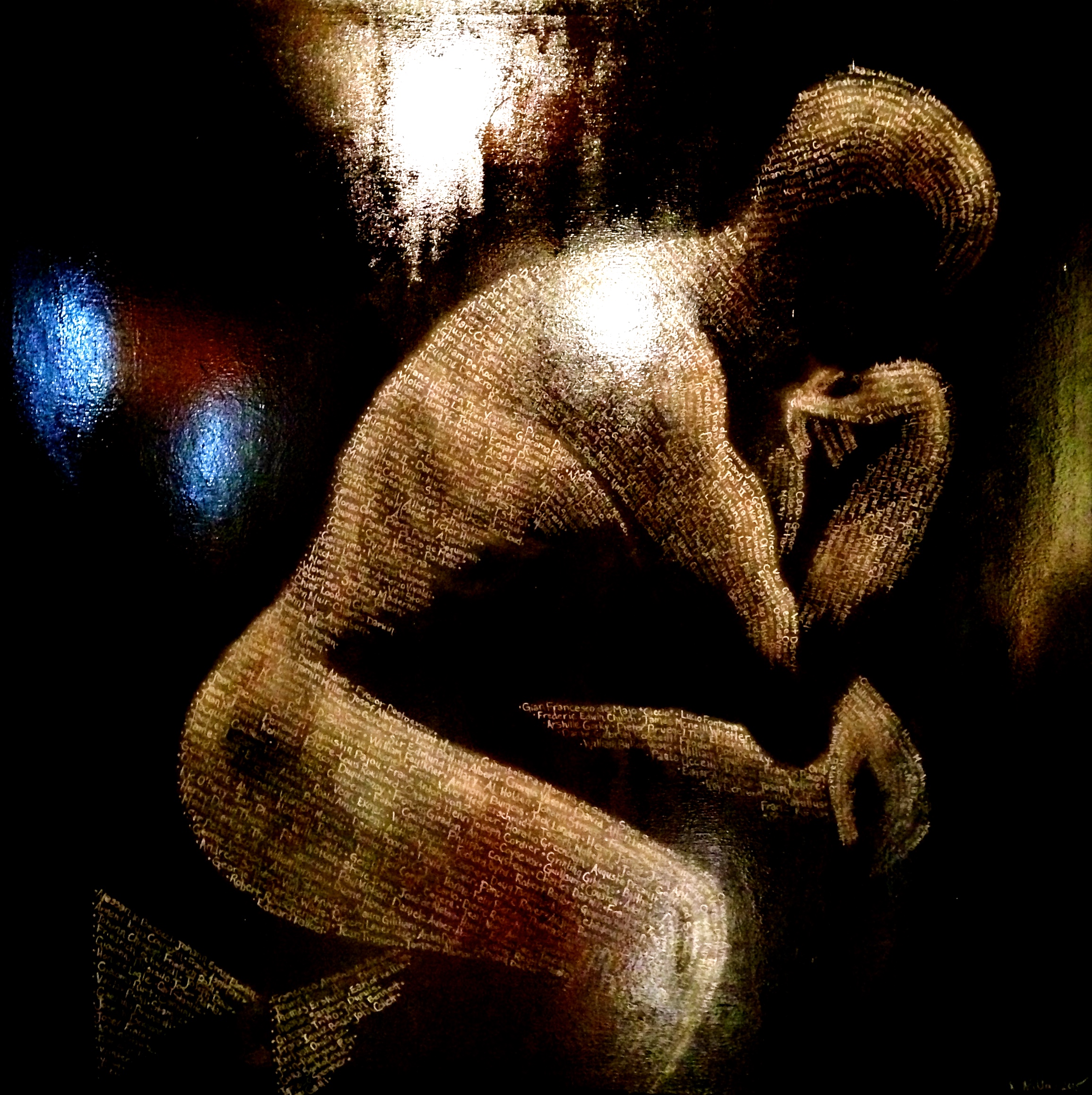 MANifestation, 2015 ~This is a 4ft by 4ft Man in the form of Auguste Rodin's "The Thinker" created from the beginning of historys greatest thinkers, writers, painters, poets, conservationists, composers, scientists, philosophers, sculpters, etc... whom have made this a more inspired beautiful planet. Live, Love, Create! R.Miller Acrylic & oil on canvas 48" x 48"