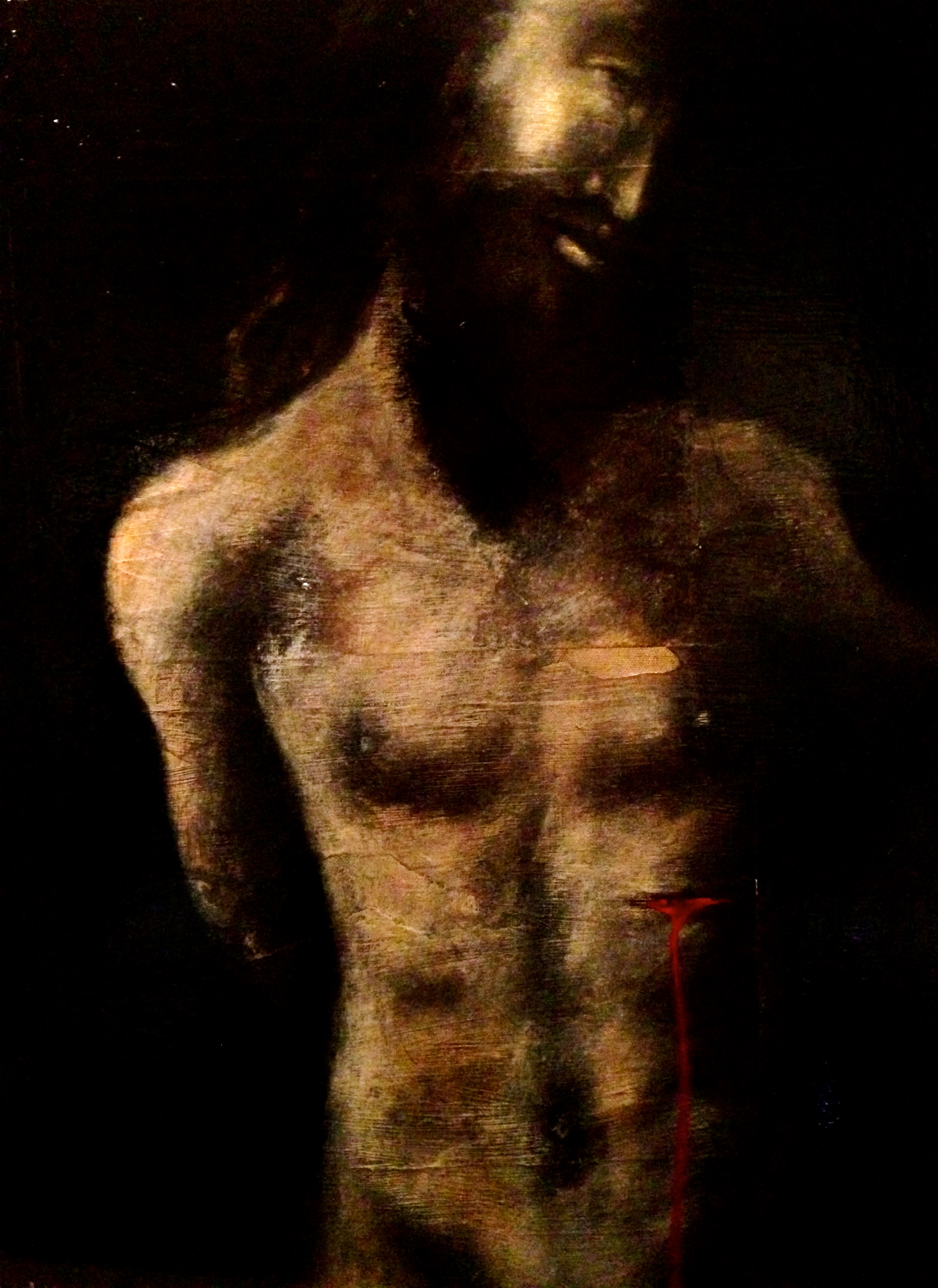 Jesus, 2015 Mixed Media on canvas Although I am not a person of religion I am extremely facinated and intrigued by the magnificent art that has been inspired by it. This was inspired by all the beauty I saw in Florence Italy. I guess Art is my religion