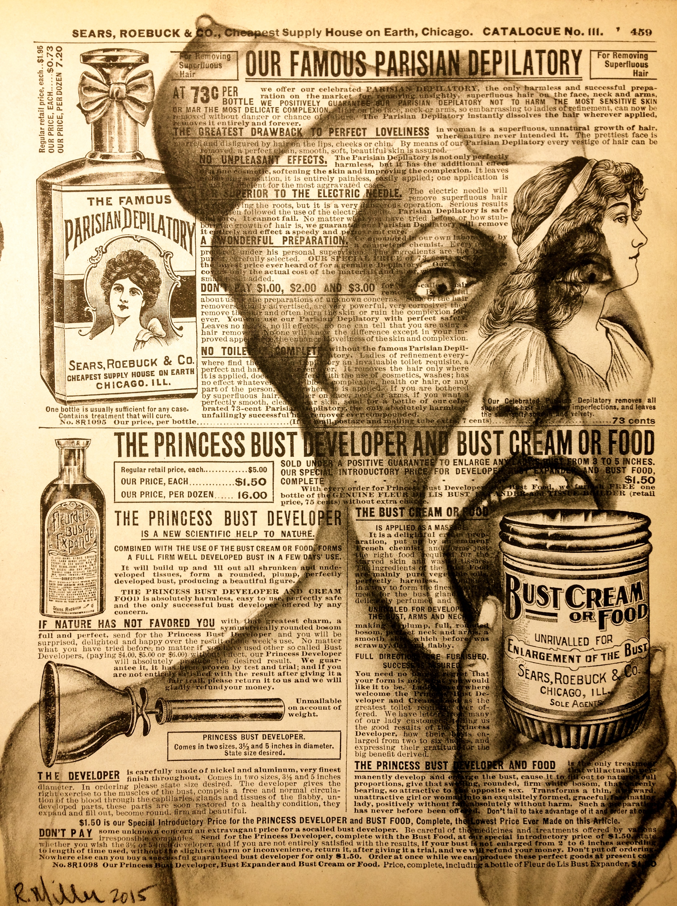 "Busted Food, made by Monsanto; Some Side effects may include: boobhead, fever, headache, loss of appetite, leg shrinkage, hip displacement, hemorrhaging, death. Ask your Dr if Bust Cream is right for you?" 2015 Charcoal on antique catalog