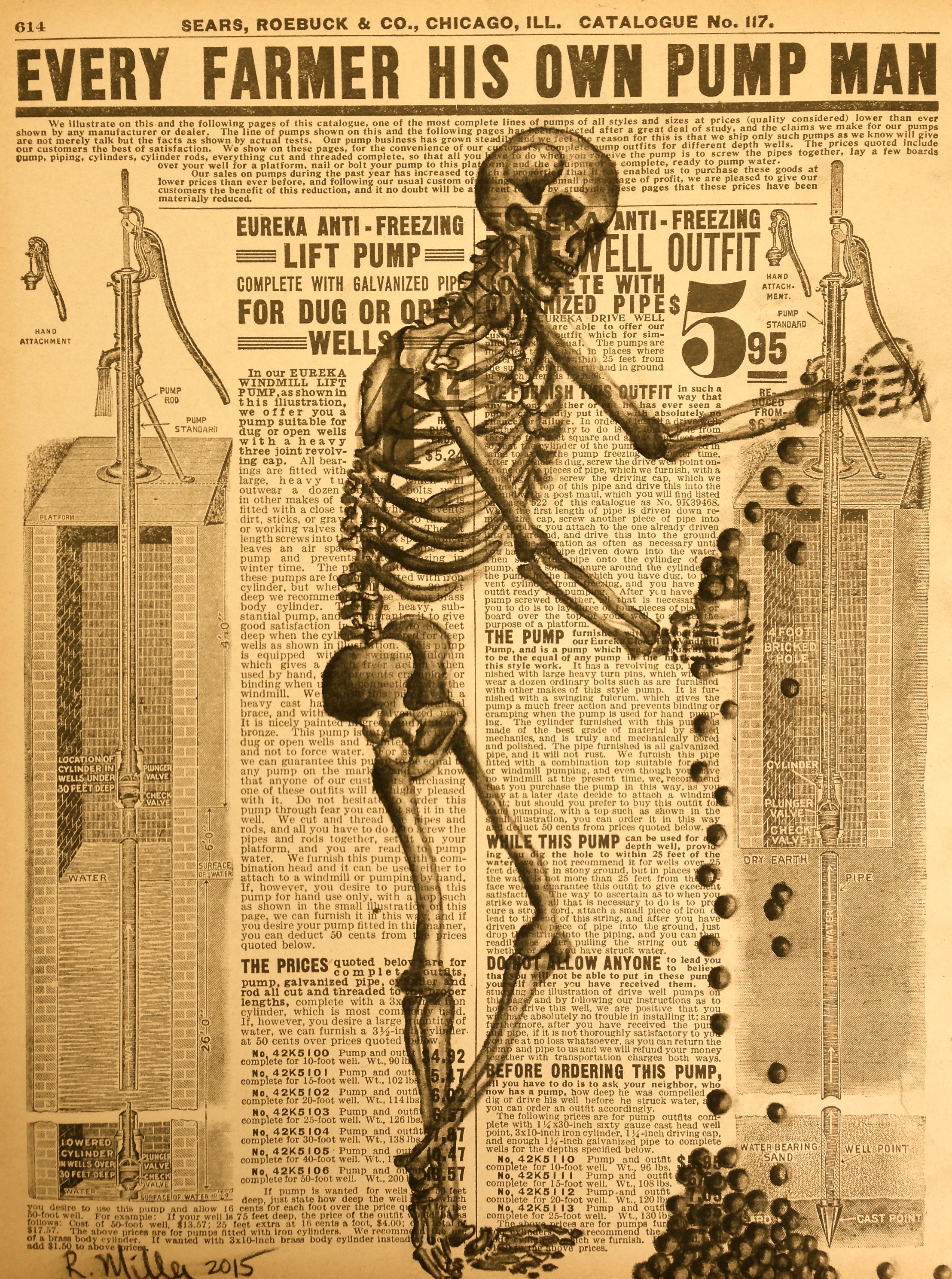 "Shade Balls, The New Water" 2015 Charcoal on antique catalog