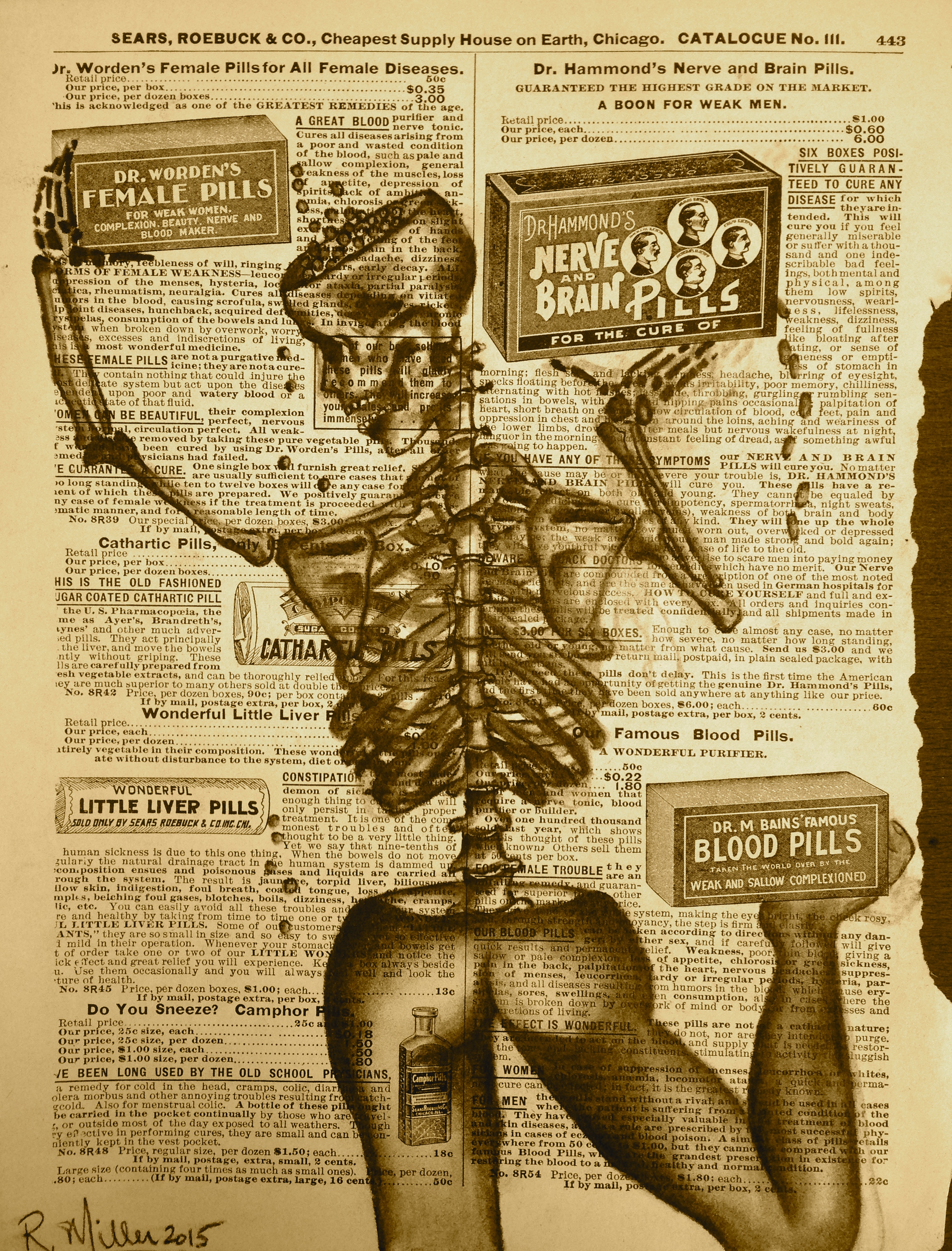 Half Gone, A Pill for Everything, 2015 Charcoal on antique catalog