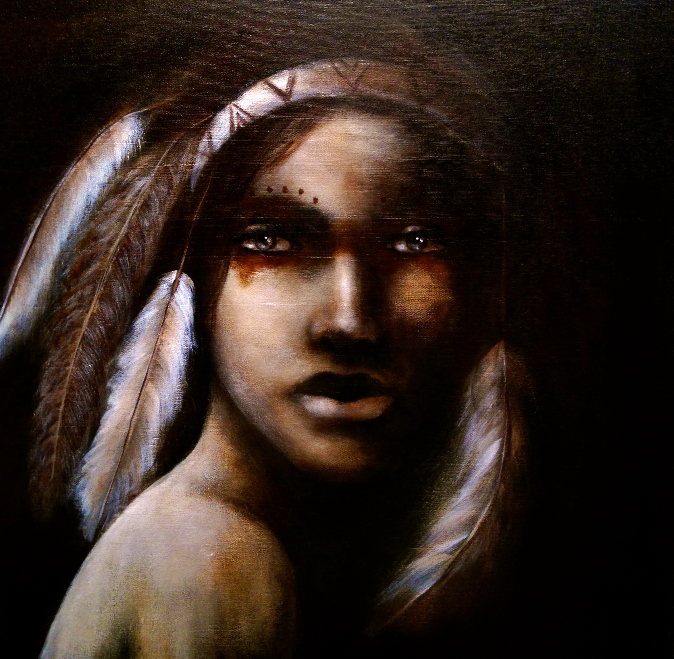 Tse-Che-Nako, 2015 Acrylic & oil on canvas "She is creator of the world in Southwestern Native American religions and myths such as that of the Pueblo and Hopi peoples. Although accounts vary, according to mythology she was responsible for the stars in the sky; she took a web she had spun, laced it with dew, threw it into the sky and the dew became the stars. Navajo mythology tells of Spider Woman or Spider Old-Woman ( Na'ashjéii Asdzáá ). According to the Zuni , string games were given to them by Grandmother Spider. And was fire-bringer for Choctaw peoples ."