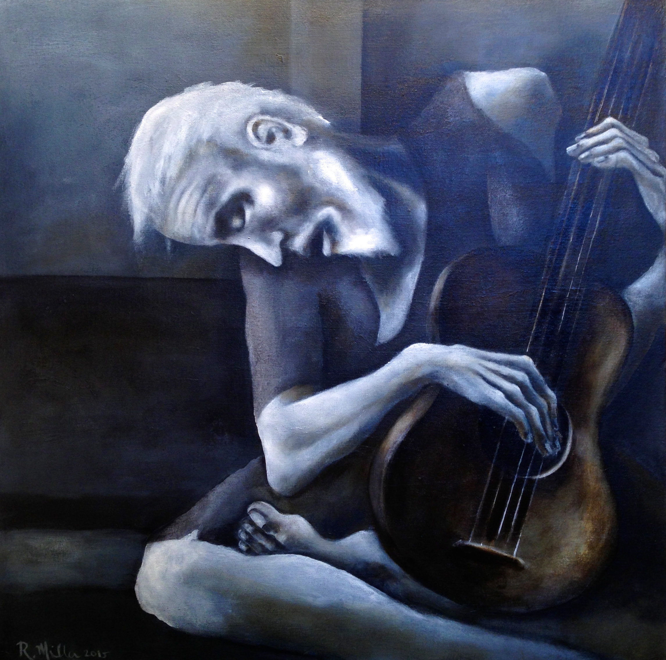 "The Old Guitarist" 2015 My take on Picasso's Beautiful piece. Acrylic & oil on canvas