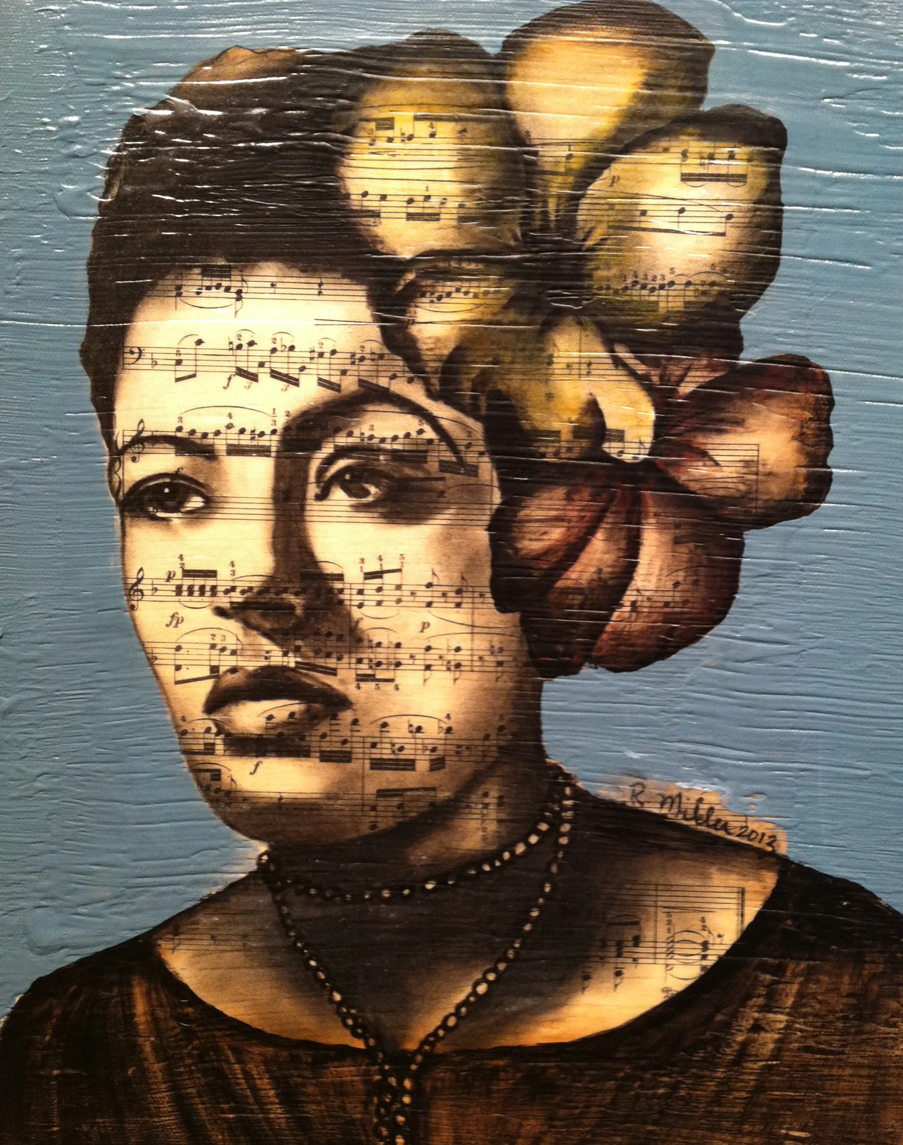 Billie Holiday, 2013Charcoal, antique sheet music, acrylic on canvas, 11" x 14"