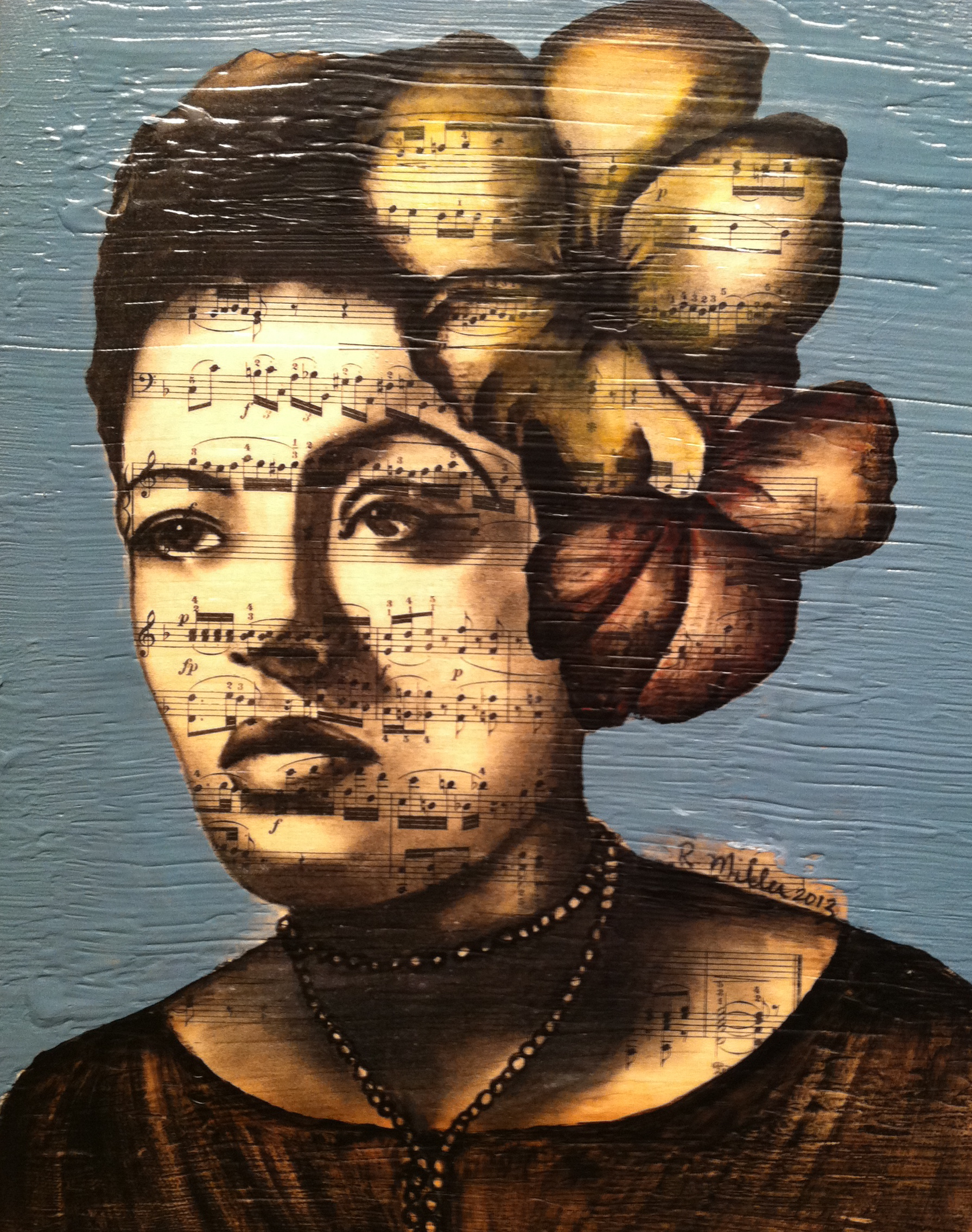 Billie Holiday, 2013 Charcoal, antique sheet music, acrylic on canvas, 11" x 14"