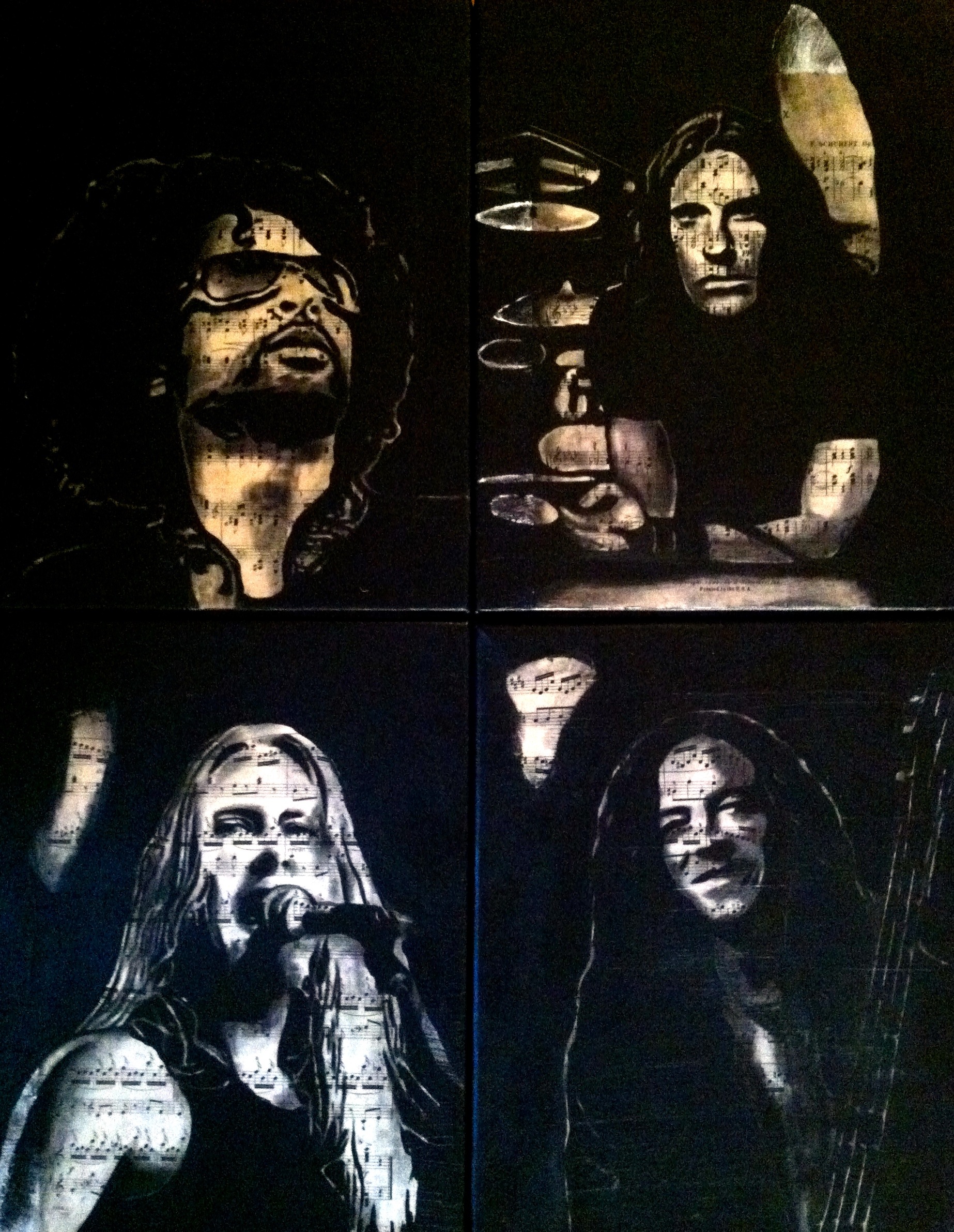 Alice In Chains, 2012 Charcoal, antique sheet music, acrylic on canvas, four 11" x 14" canvas