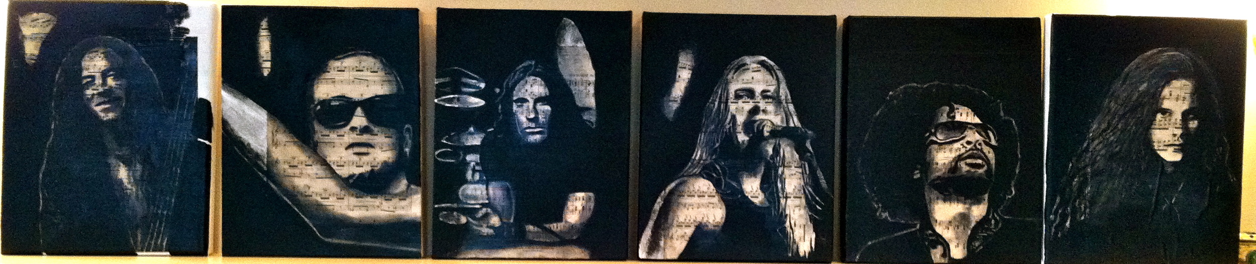 Alice In Chains, 2012 Charcoal, antique sheet music, acrylic on canvas, six 11" x 14" canvas