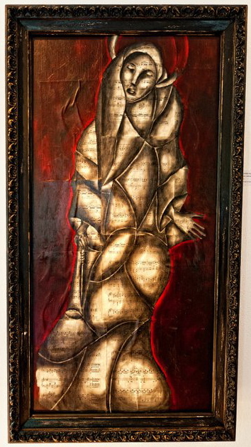Stained Glass Woman, 2011 Charcoal, antique sheet music, acrylic on canvas, 24" x 48"