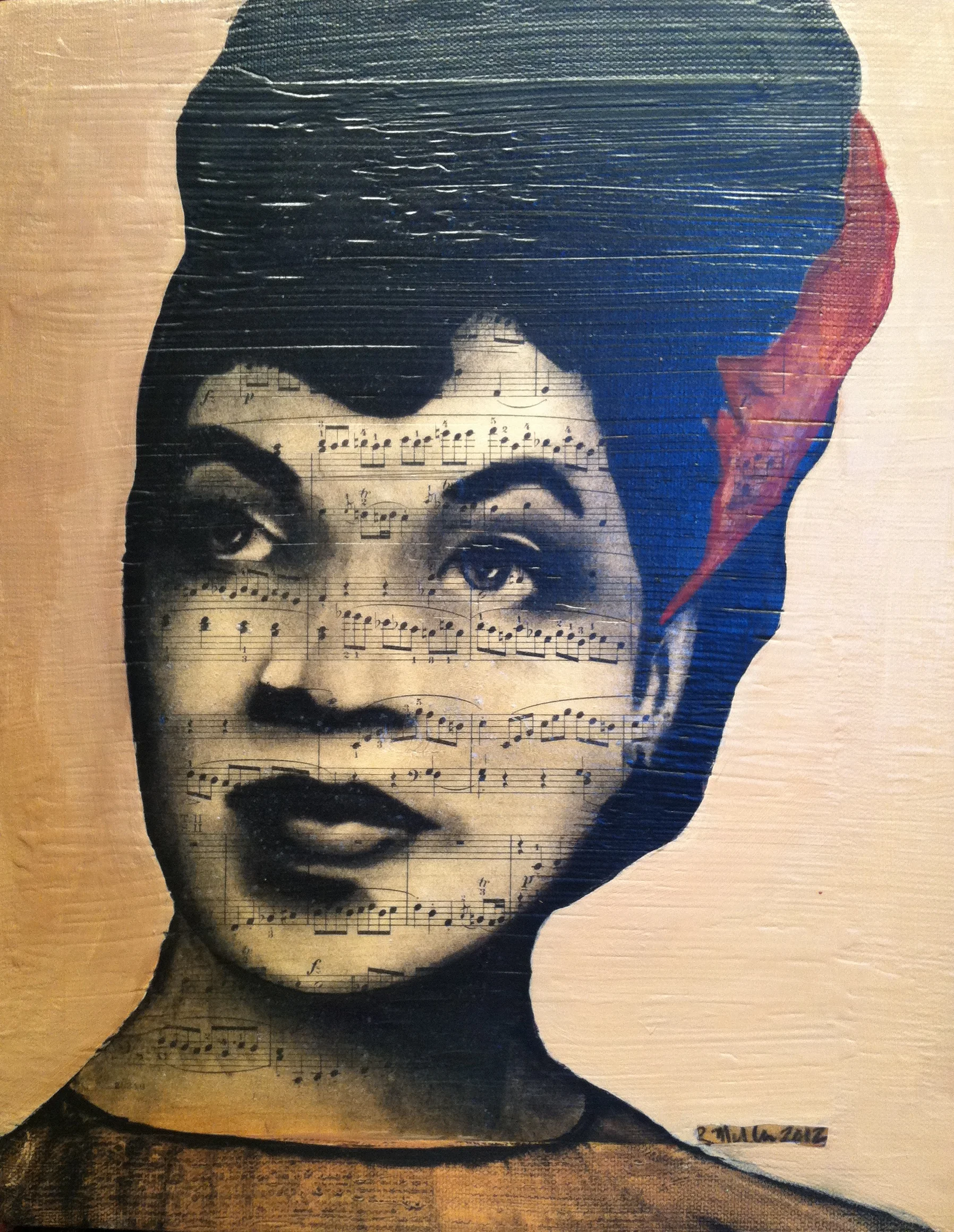 Ella Fitzgerald, 2012  Charcoal, antique sheet music, acrylic on canvas