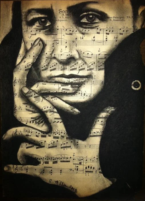 Georgia O'KeefeCharcoal on antique sheet music, 9" x 12"