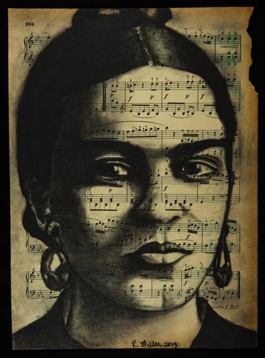 Frida KahloCharcoal on antique sheet music, 9" x 12"
