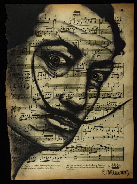 Salvador Dali, 2013 Charcoal on antique sheet music, 9" x 12"