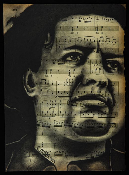 Diego Rivera, 2013 Charcoal on antique sheet music, 9" x 12"