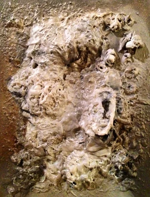 Organic Mass, 2016 - This was NOT an easy surface to paint on! Experiment piece. Calling this "Organic Mass". It's about a years worth of paint (or more) on an old palette that somehow looked like a head to me with a perfect ear. So thats what it be…