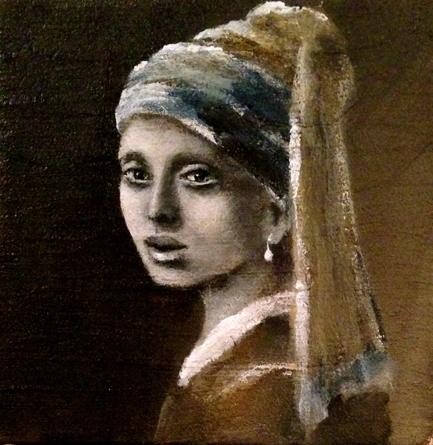 Mini 4"x4"inch "Girl with a Pearl Earring" ..my version.Acrylic, oil, texture medium on canvas