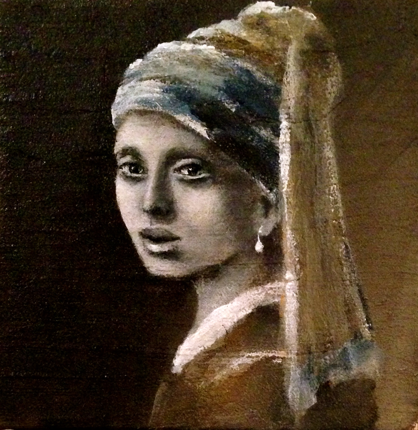 Mini 4"x4"inch "Girl with a Pearl Earring" ..my version. Acrylic, oil, texture medium on canvas