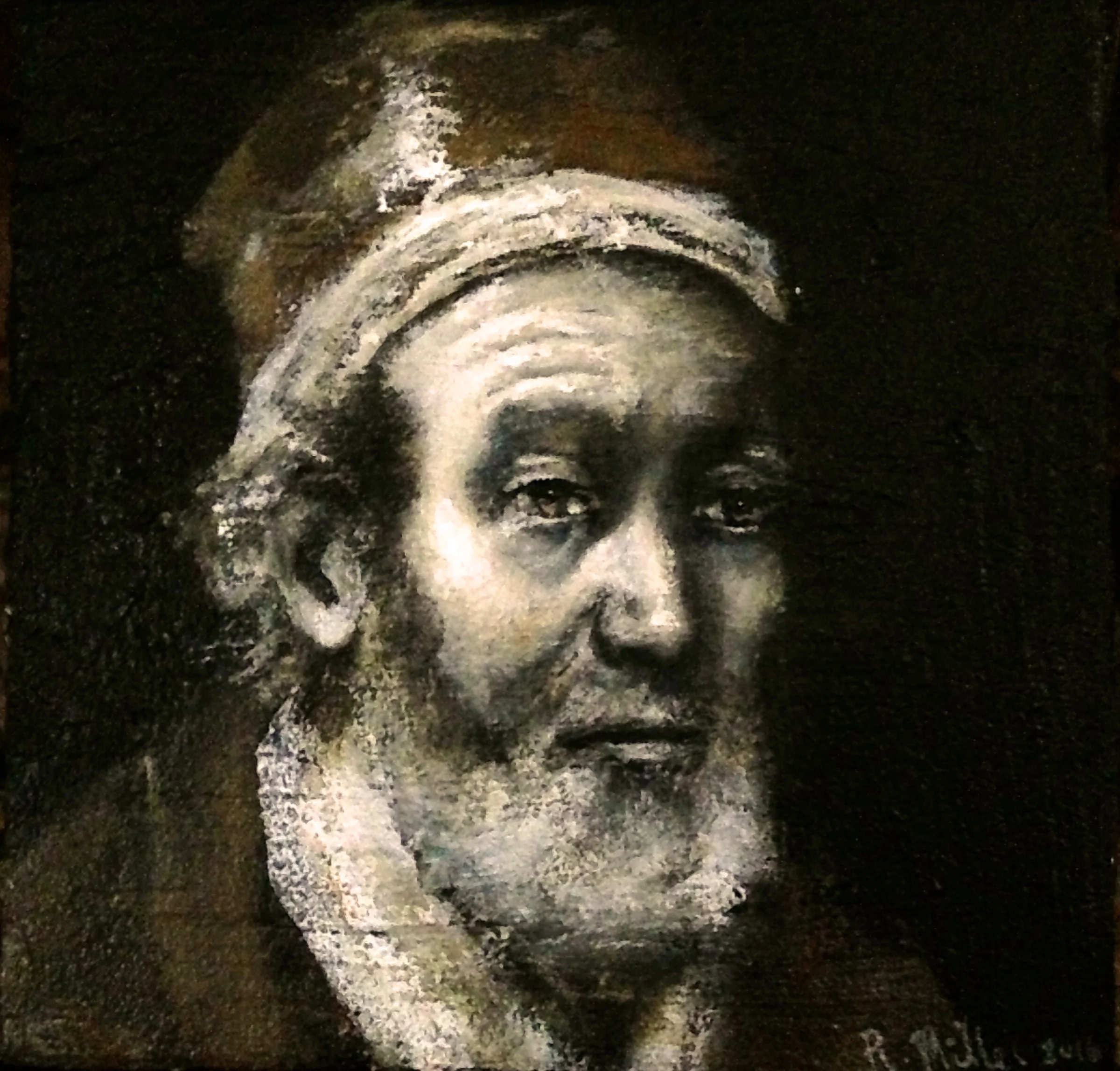 My Take on "Portrait of Jacob Trip" by Rembrandt only mine is 4x4 inches....Acrylic, oil, texture medium on tiny canvas